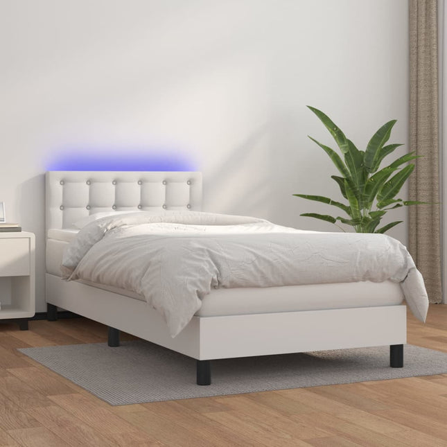 Boxspring Met Matras En Led Kunstleer Wit 90 x 200 cm Knopen