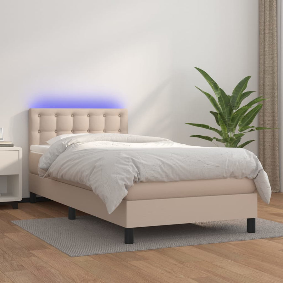 Boxspring Met Matras En Led Kunstleer Kleur Cappuccino 90 x 200 cm Knopen