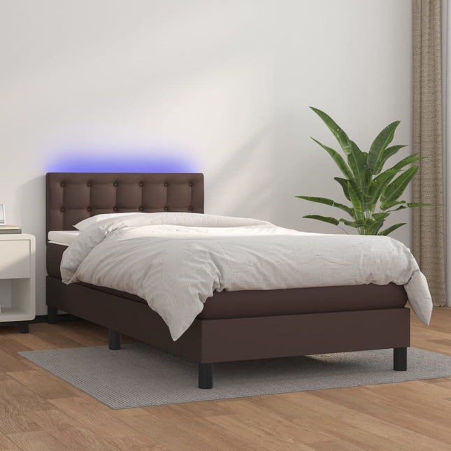 Boxspring Met Matras En Led Kunstleer Bruin 100 x 200 cm Knopen