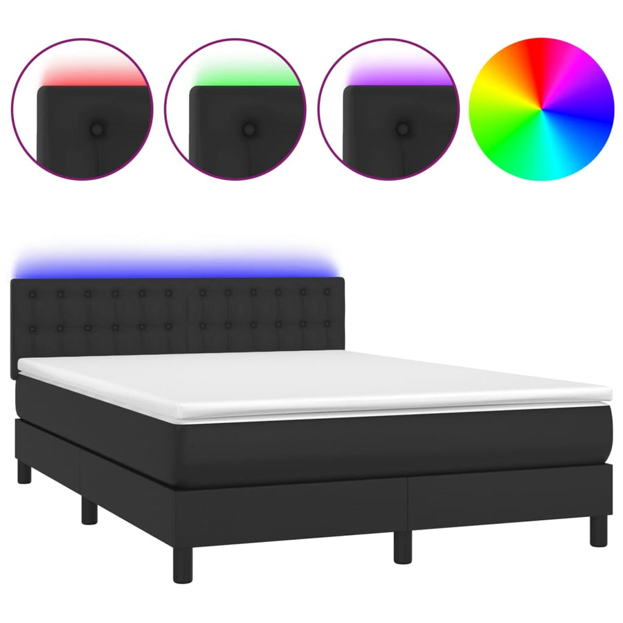 Boxspring Met Matras En Led Kunstleer Zwart 140 x 190 cm Knopen