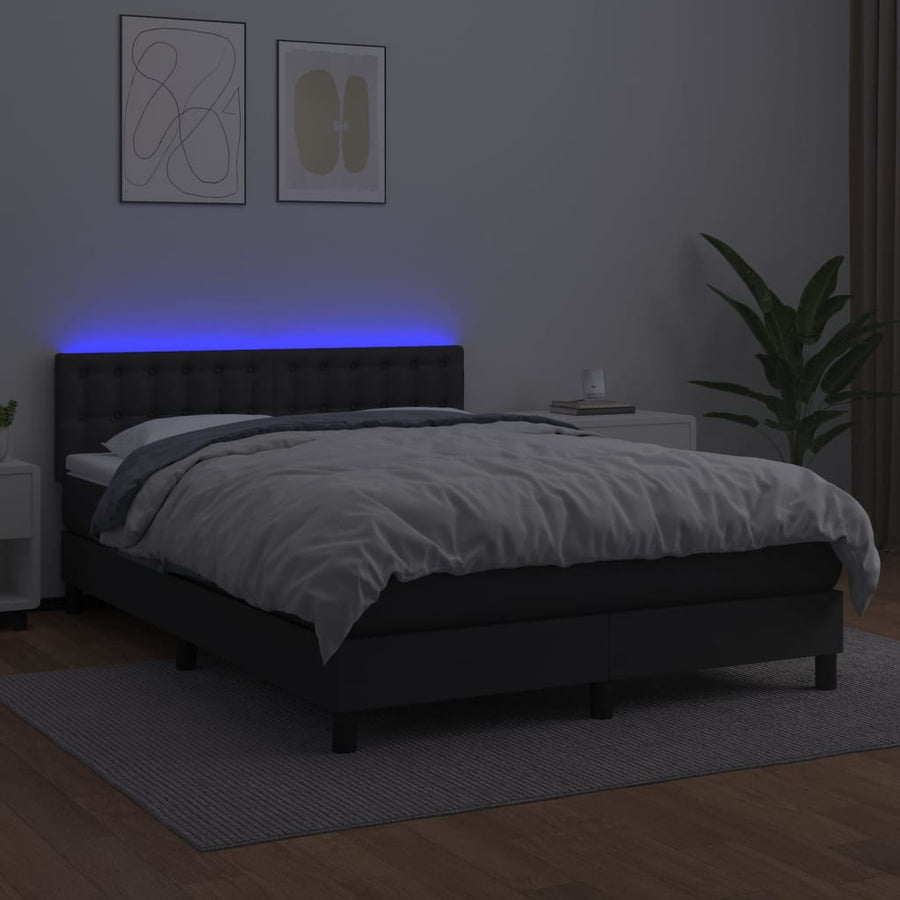 Boxspring Met Matras En Led Kunstleer Zwart 140 x 190 cm Knopen