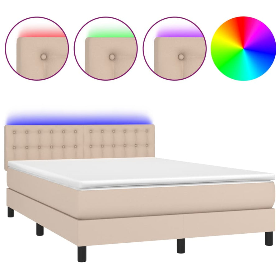 Boxspring Met Matras En Led Kunstleer Kleur 140X190Cm Cappuccino 140 x 190 cm Knopen