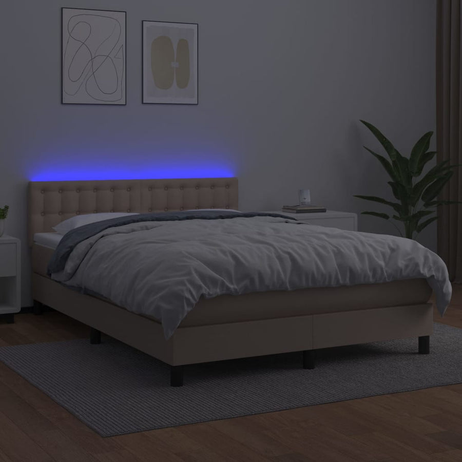 Boxspring Met Matras En Led Kunstleer Kleur 140X190Cm Cappuccino 140 x 190 cm Knopen