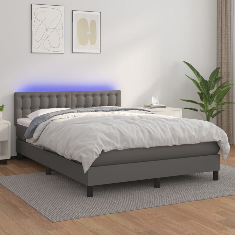 Boxspring Met Matras En Led Kunstleer Grijs 140 x 200 cm Knopen