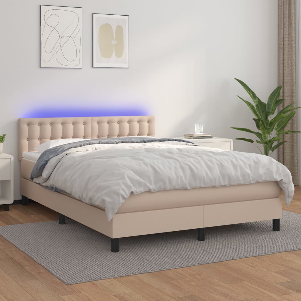 Boxspring Met Matras En Led Kunstleer Kleur 140X200Cm Cappuccino 140 x 200 cm Knopen