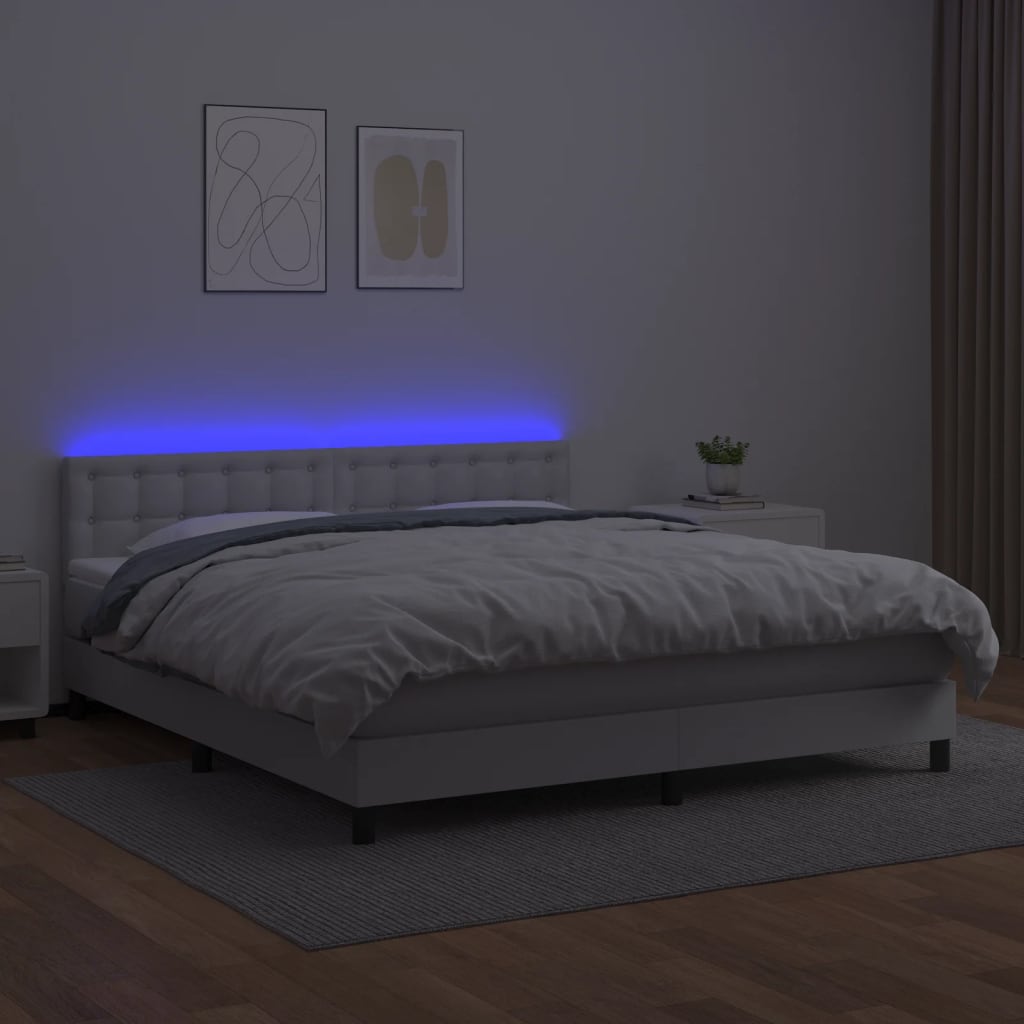 Boxspring Met Matras En Led Kunstleer Wit 160 x 200 cm Knopen