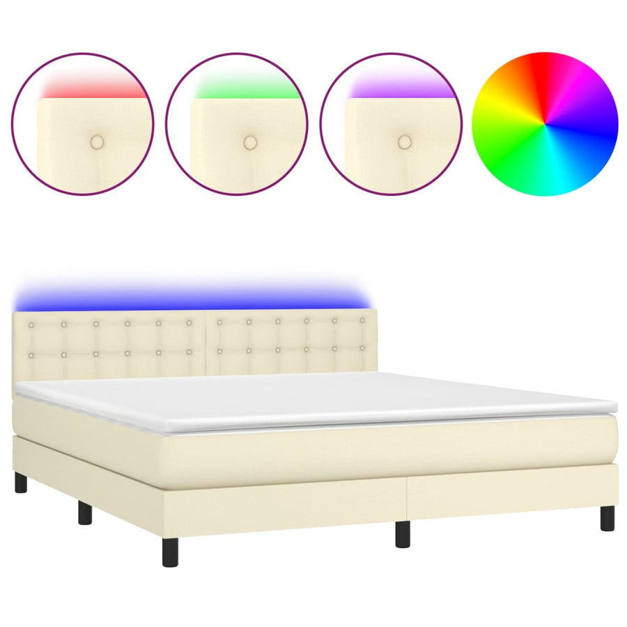 Boxspring Met Matras En Led Kunstleer Crèmekleurig 160X200 Cm 160 x 200 cm