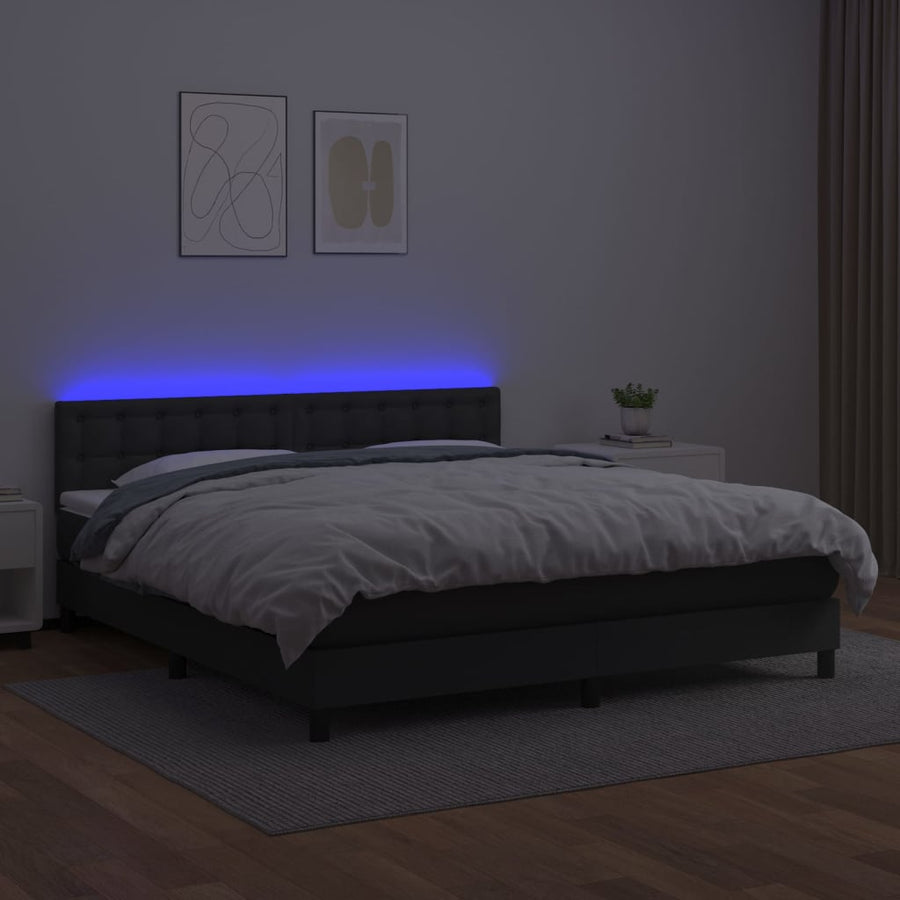 Boxspring Met Matras En Led Kunstleer Zwart 180 x 200 cm Knopen