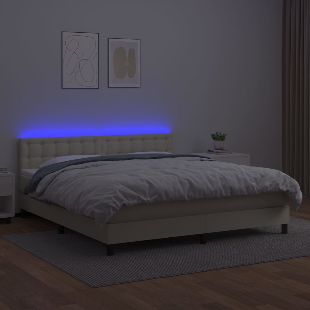 Boxspring Met Matras En Led Kunstleer Crèmekleurig 180X200 Cm 180 x 200 cm