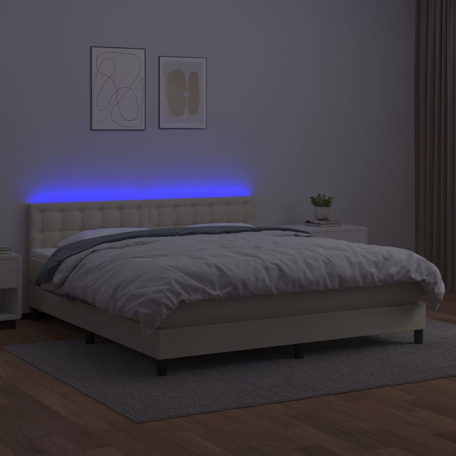 Boxspring Met Matras En Led Kunstleer Crèmekleurig 180X200 Cm 180 x 200 cm