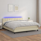 Box Spring Bed With Mattress And LED Faux Leather Cream 180x200 Cm 180 x 200 cm