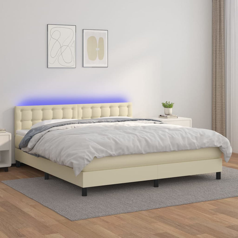 Boxspring Met Matras En Led Kunstleer Crèmekleurig 180X200 Cm 180 x 200 cm