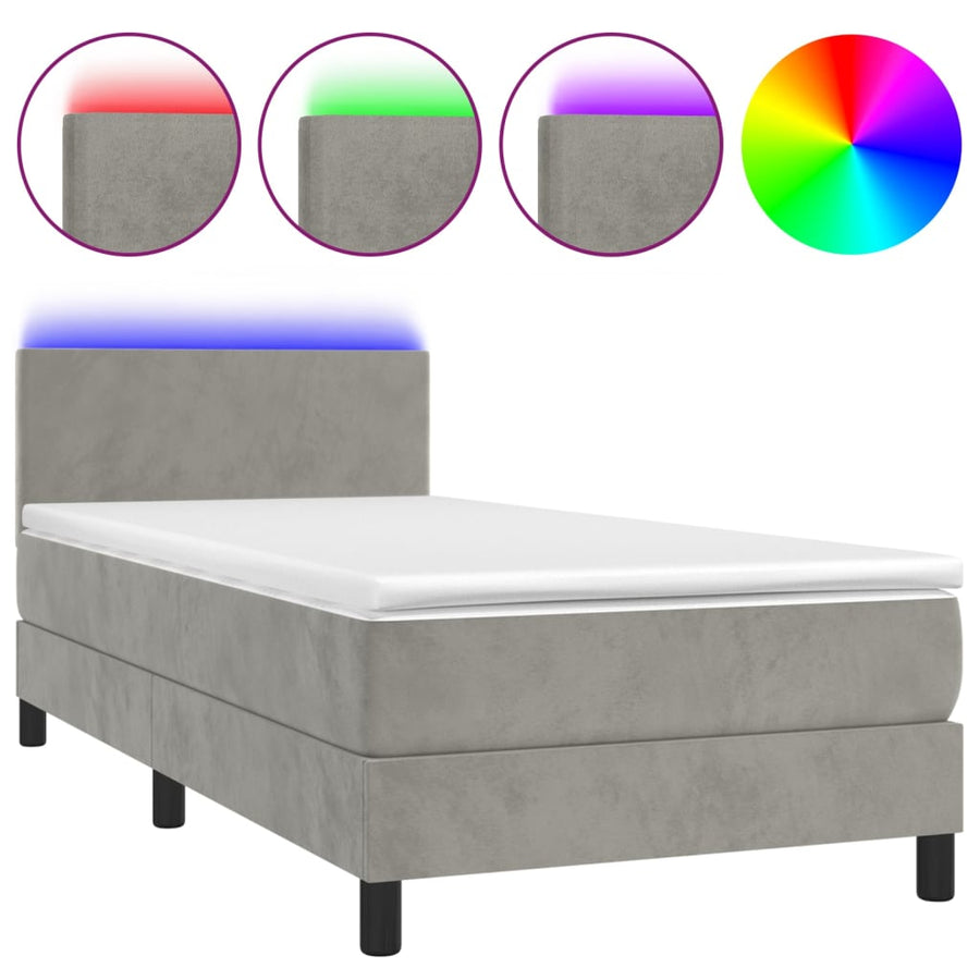 Boxspring Met Matras En Led Fluweel Lichtgrijs 90 x 190 cm Effen ontwerp