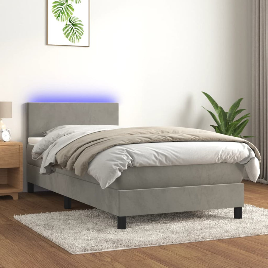 Boxspring Met Matras En Led Fluweel Lichtgrijs 90 x 190 cm Effen ontwerp