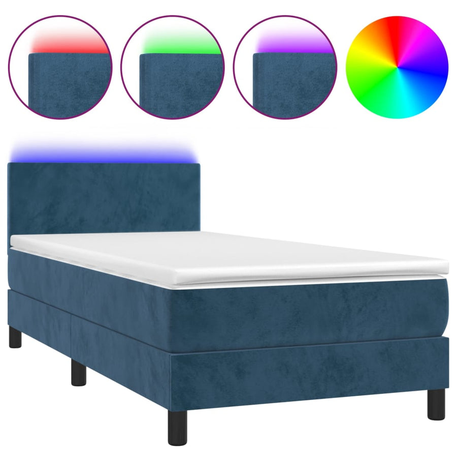 Boxspring Met Matras En Led Fluweel Donkerblauw 100 x 200 cm Effen ontwerp