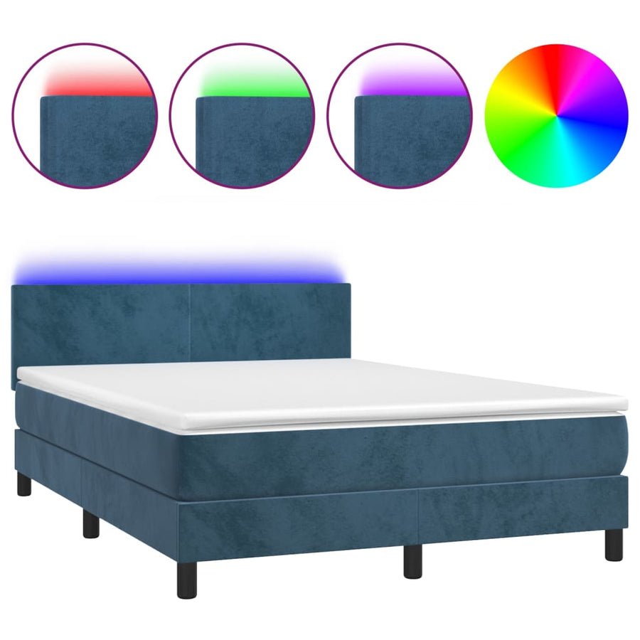 Boxspring Met Matras En Led Fluweel Donkerblauw 140 x 190 cm Effen ontwerp