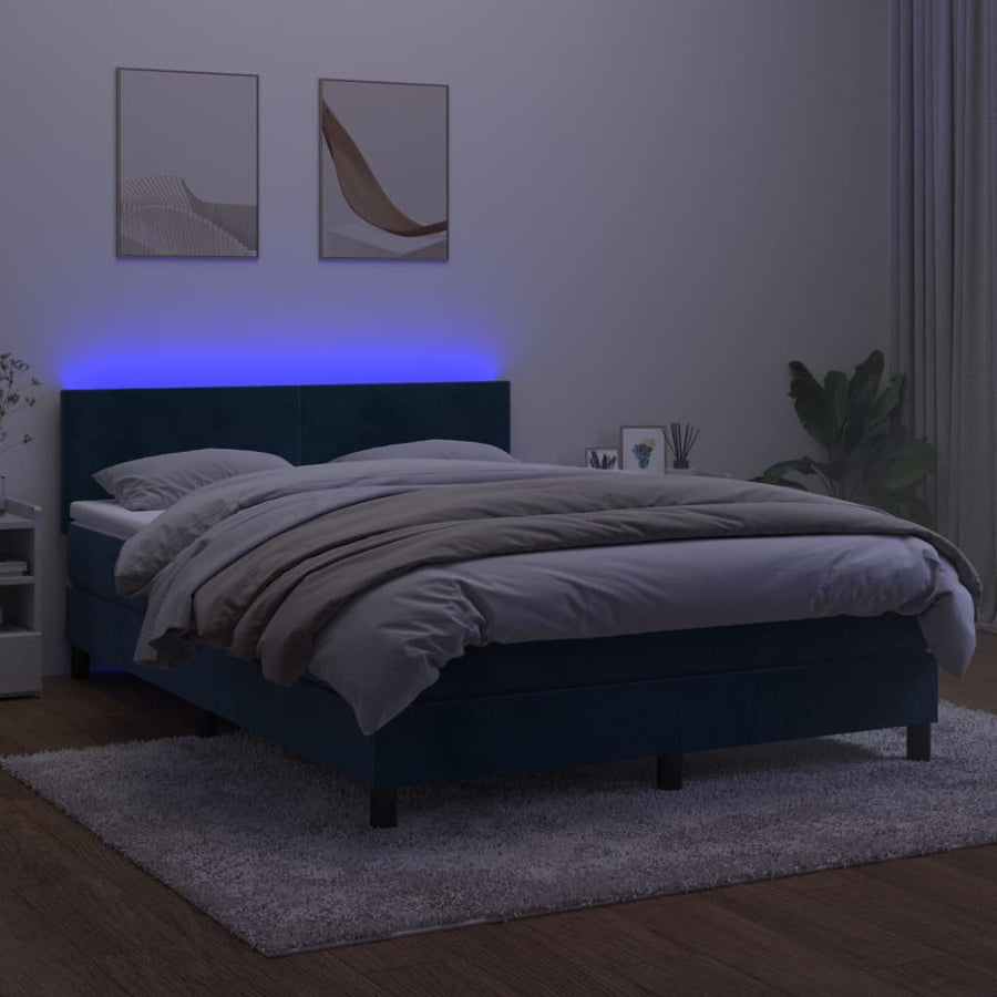 Boxspring Met Matras En Led Fluweel Donkerblauw 140 x 190 cm Effen ontwerp