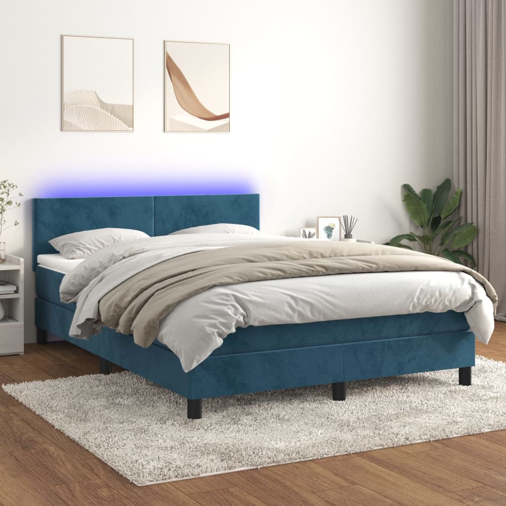 Boxspring Met Matras En Led Fluweel Donkerblauw 140 x 190 cm Effen ontwerp