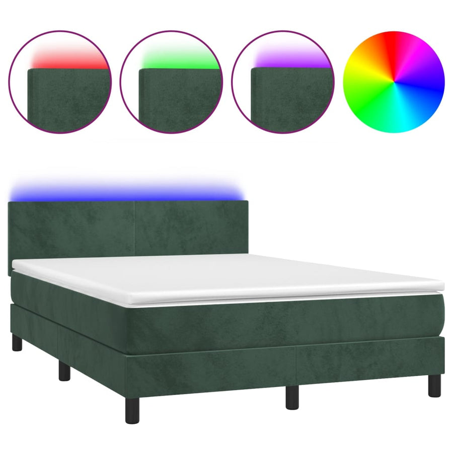 Boxspring met matras en LED fluweel donkergroen 140x200 cm 140 x 200 cm Effen ontwerp