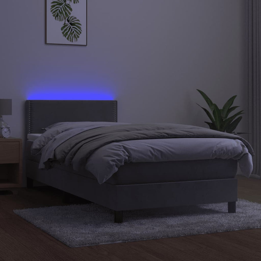 Boxspring Met Matras En Led Fluweel Lichtgrijs 90 x 200 cm Effen met spijkers