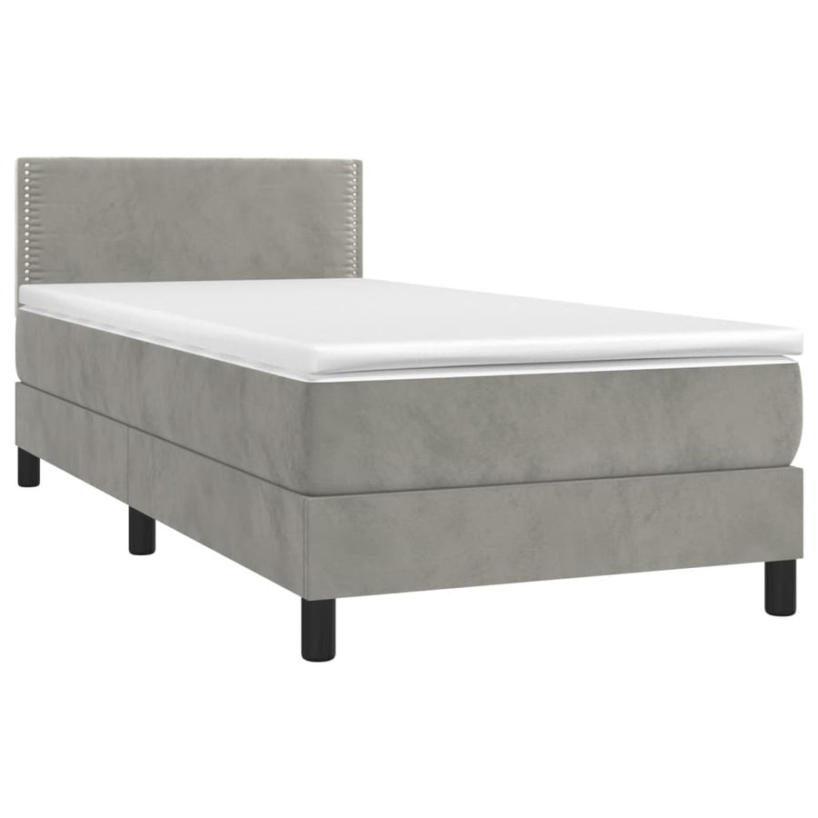 Boxspring Met Matras En Led Fluweel Lichtgrijs 90 x 200 cm Effen met spijkers