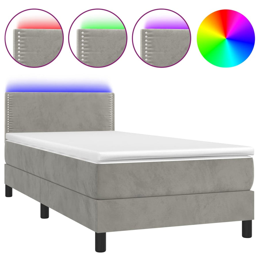 Boxspring met matras en LED fluweel lichtgrijs 100x200 cm 100 x 200 cm Effen met spijkers