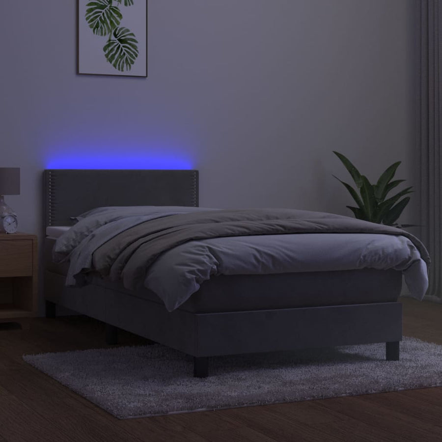 Boxspring met matras en LED fluweel lichtgrijs 100x200 cm 100 x 200 cm Effen met spijkers
