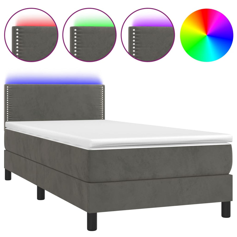 Boxspring Met Matras En Led Fluweel Donkergrijs 100 x 200 cm Effen met spijkers