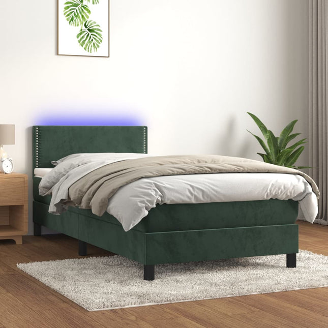 Boxspring met matras en LED fluweel donkergroen 100x200 cm 100 x 200 cm Effen met spijkers