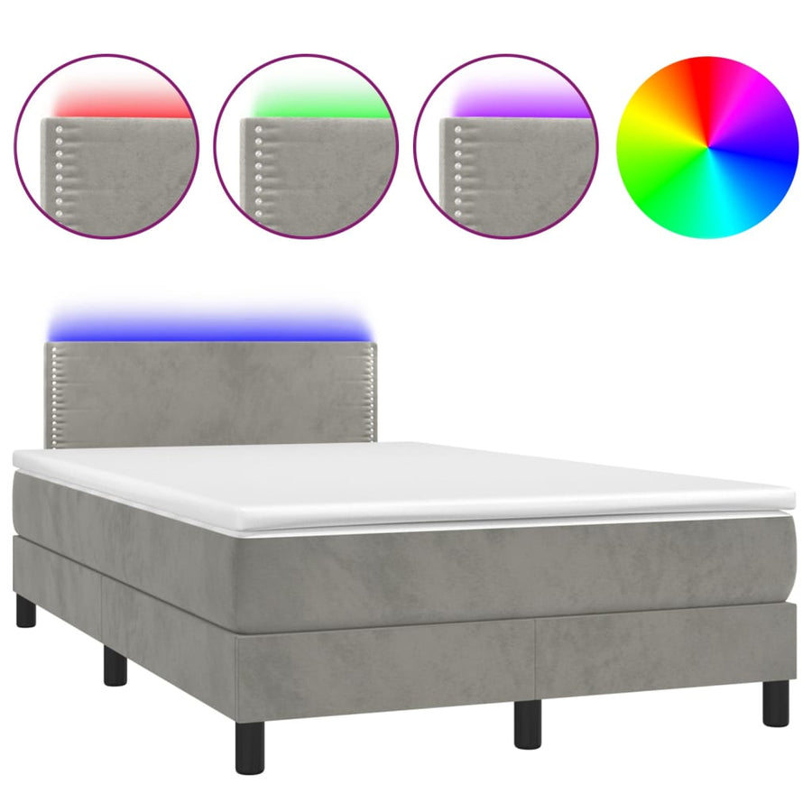 Boxspring Met Matras En Led Fluweel Lichtgrijs 120 x 200 cm Effen met spijkers