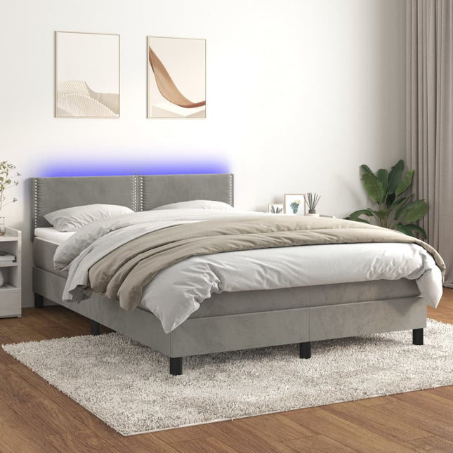 Boxspring Met Matras En Led Fluweel Lichtgrijs 140 x 190 cm Effen met spijkers