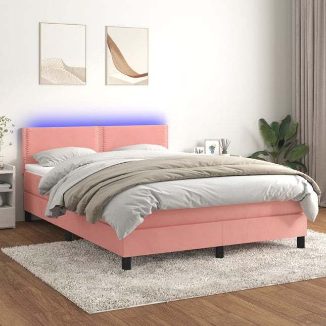 Boxspring met matras en LED fluweel roze 140x190 cm 140 x 190 cm Effen met spijkers