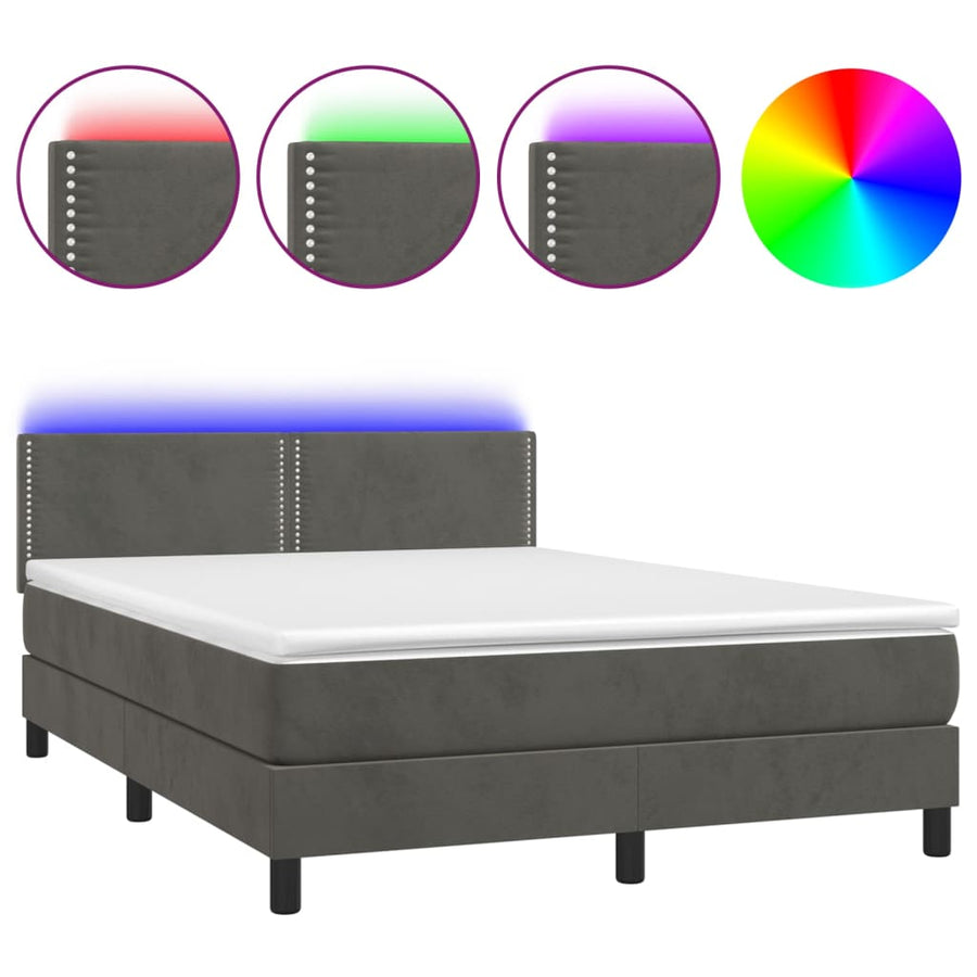 Boxspring Met Matras En Led Fluweel Donkergrijs 140 x 200 cm Effen met spijkers