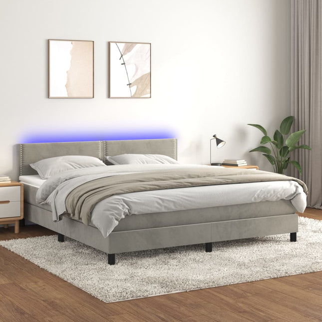 Boxspring Met Matras En Led Fluweel Lichtgrijs 160 x 200 cm Effen met spijkers