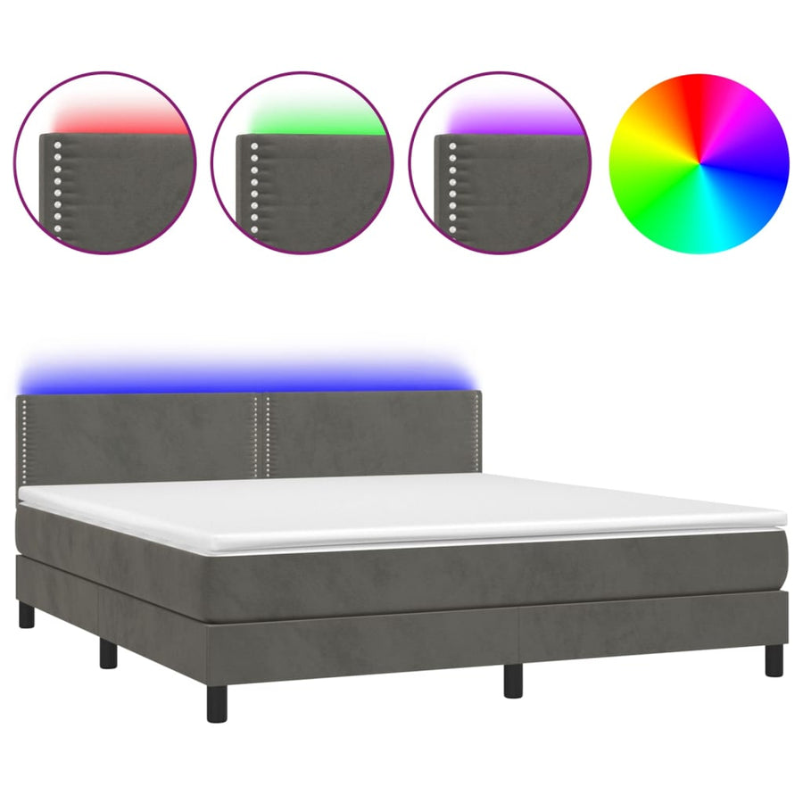 Boxspring Met Matras En Led Fluweel Donkergrijs 160 x 200 cm Effen met spijkers