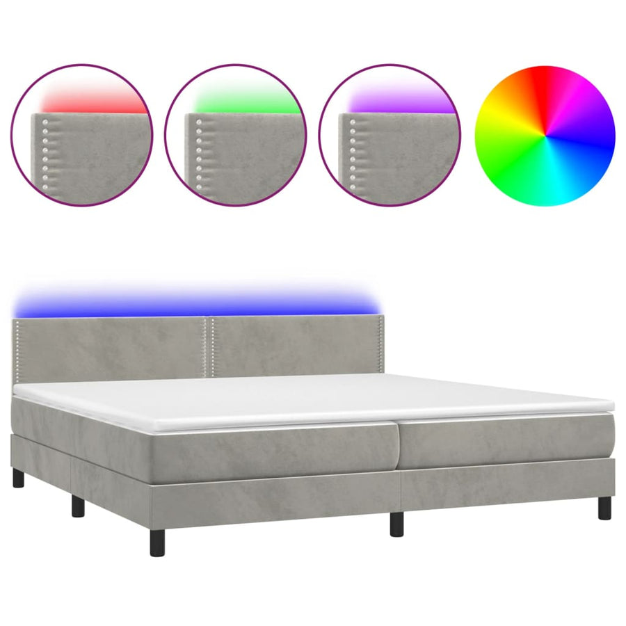 Boxspring Met Matras En Led Fluweel Lichtgrijs 200 x 200 cm Effen met spijkers