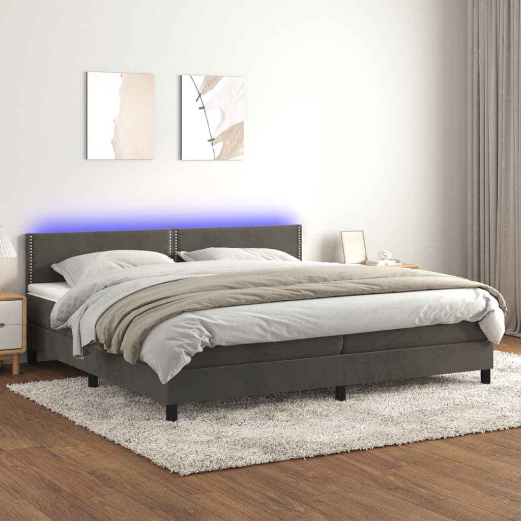Boxspring Met Matras En Led Fluweel Donkergrijs 200 x 200 cm Effen met spijkers