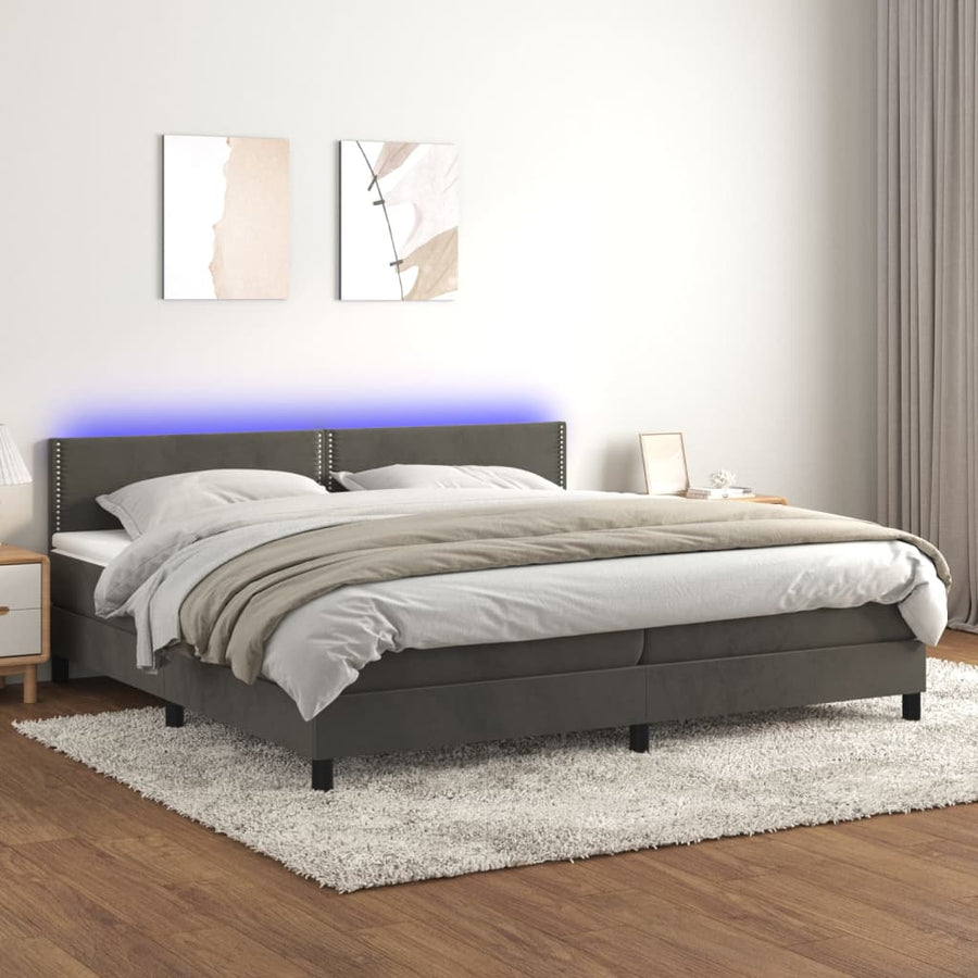 Boxspring Met Matras En Led Fluweel Donkergrijs 200 x 200 cm Effen met spijkers