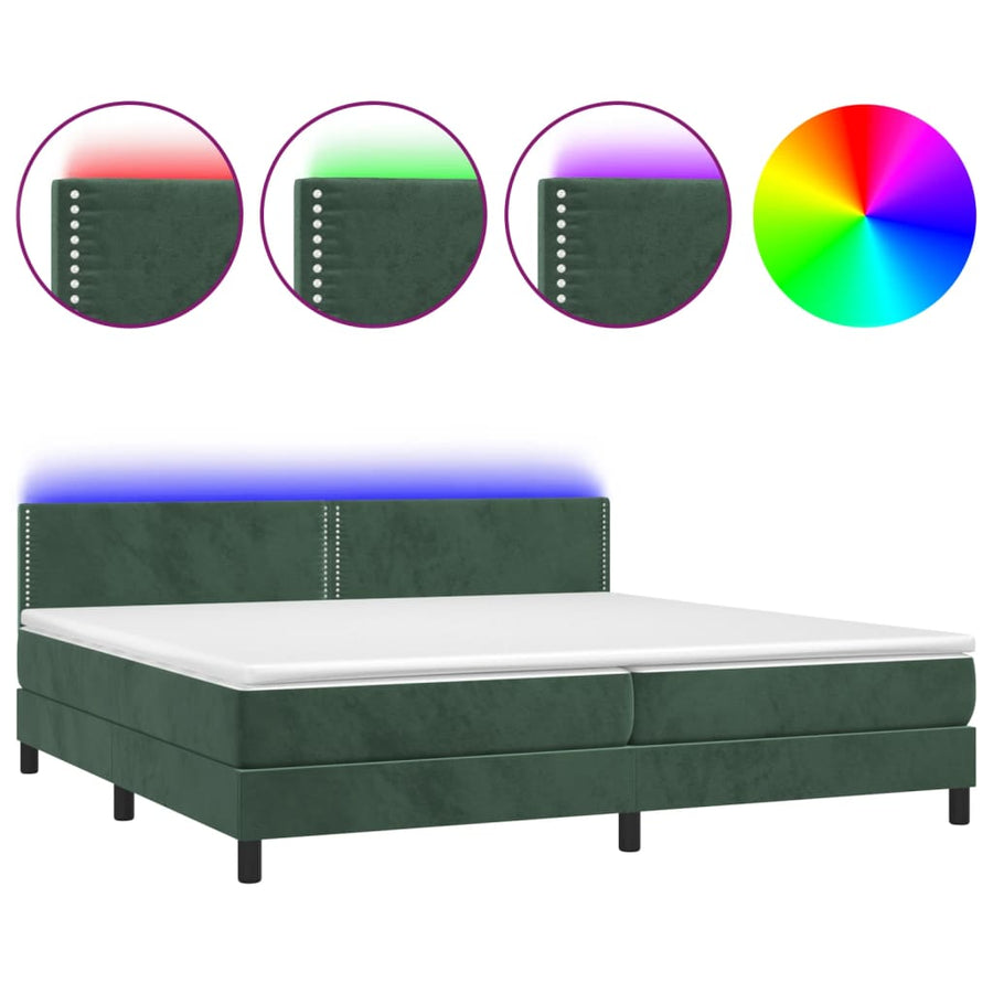 Boxspring met matras en LED fluweel donkergroen 200x200 cm 200 x 200 cm Effen met spijkers