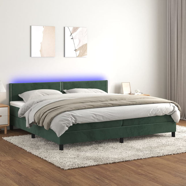 Boxspring met matras en LED fluweel donkergroen 200x200 cm 200 x 200 cm Effen met spijkers