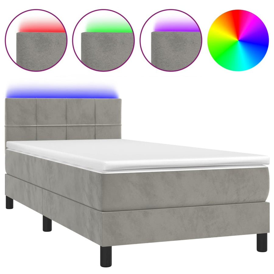 Boxspring Met Matras En Led Fluweel Lichtgrijs 80 x 200 cm Blok met vierkanten