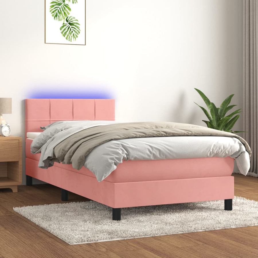 Boxspring Met Matras En Led Fluweel Roze 80 x 200 cm Blok met vierkanten