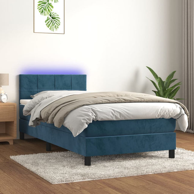 Boxspring met matras en LED fluweel donkerblauw 90x200 cm 90 x 200 cm Blok met vierkanten