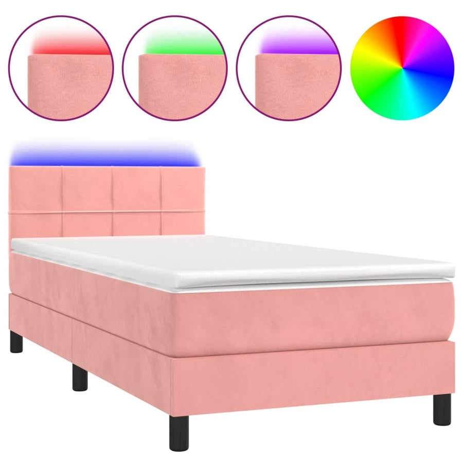 Boxspring met matras en LED fluweel roze 90x200 cm 90 x 200 cm Blok met vierkanten