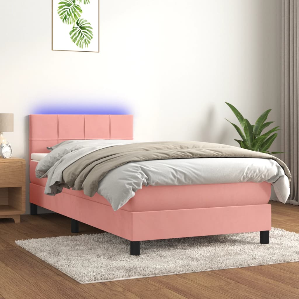 Boxspring met matras en LED fluweel roze 90x200 cm 90 x 200 cm Blok met vierkanten