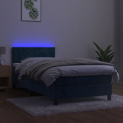 Boxspring Met Matras En Led Fluweel Donkerblauw 100 x 200 cm Blok met vierkanten