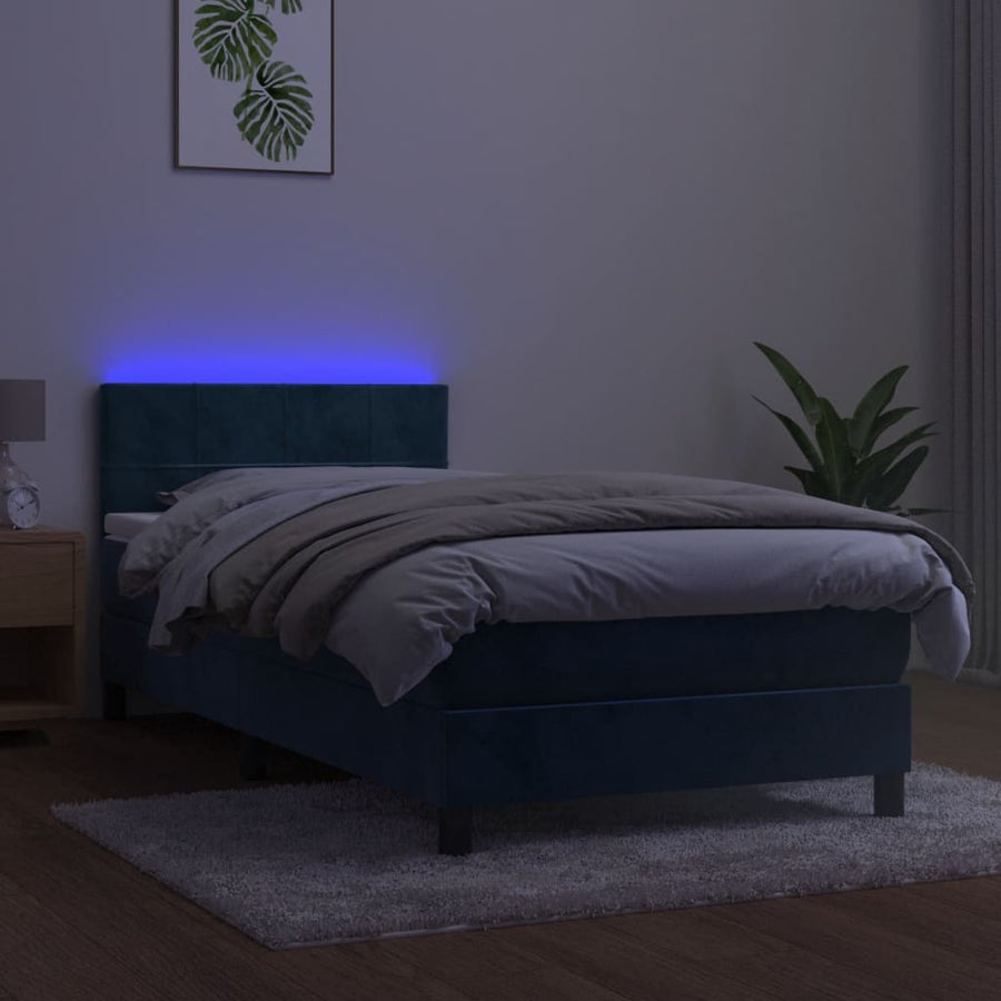 Boxspring Met Matras En Led Fluweel Donkerblauw 100 x 200 cm Blok met vierkanten
