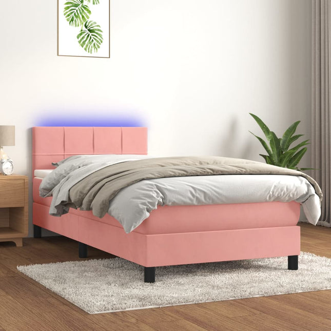 Boxspring Met Matras En Led Fluweel Roze 100 x 200 cm Blok met vierkanten