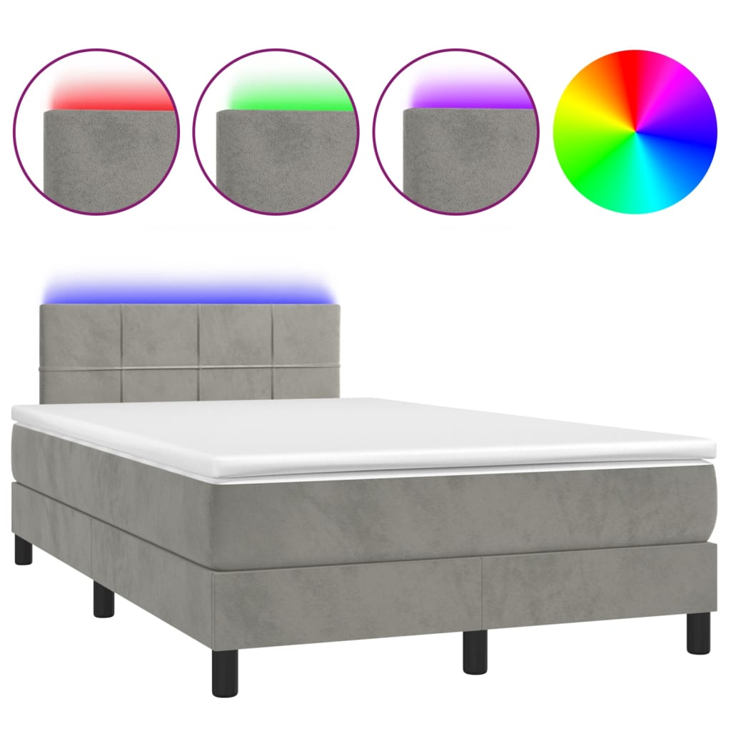 Boxspring Met Matras En Led Fluweel Lichtgrijs 120 x 200 cm Blok met vierkanten