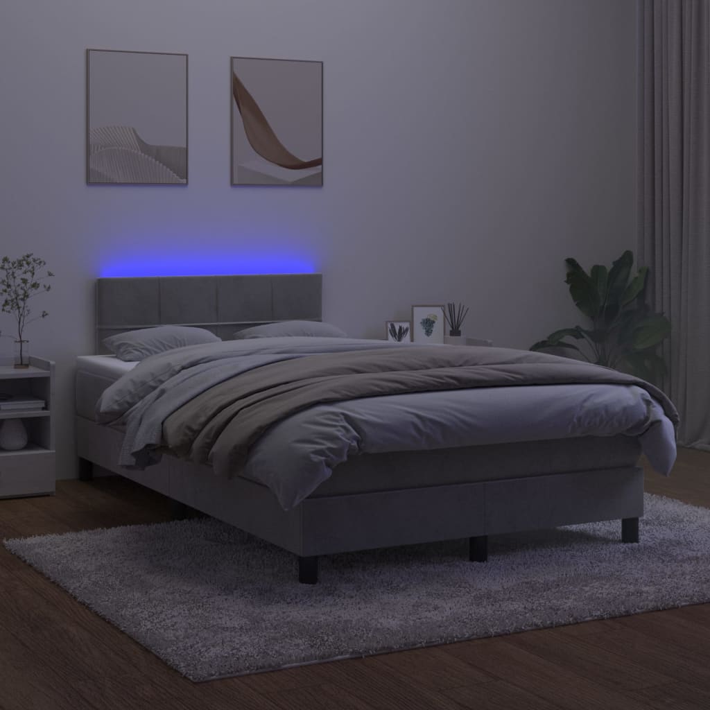 Boxspring Met Matras En Led Fluweel Lichtgrijs 120 x 200 cm Blok met vierkanten